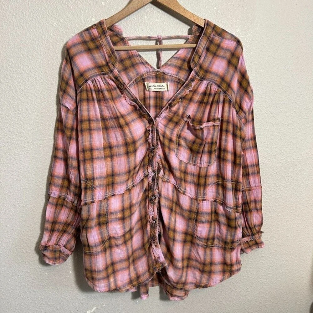 We The Free People One of the Boys Plaid Tunic Shirt S Pink Orange Boxy Popover - Picture 2 of 10